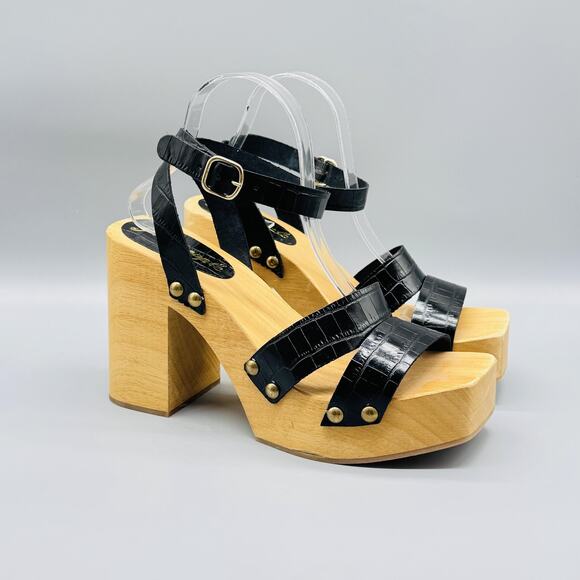 Free People Sandals Womens 10 Black Wood Platform Ankle Strap Block Heel - Picture 2 of 13